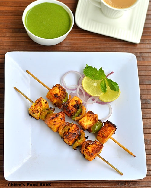Paneer tikka recipe-stove top version & Green chutney