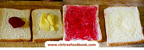 apply butter and jam over bread slices