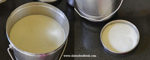 idli batter poured in thatte idli stand